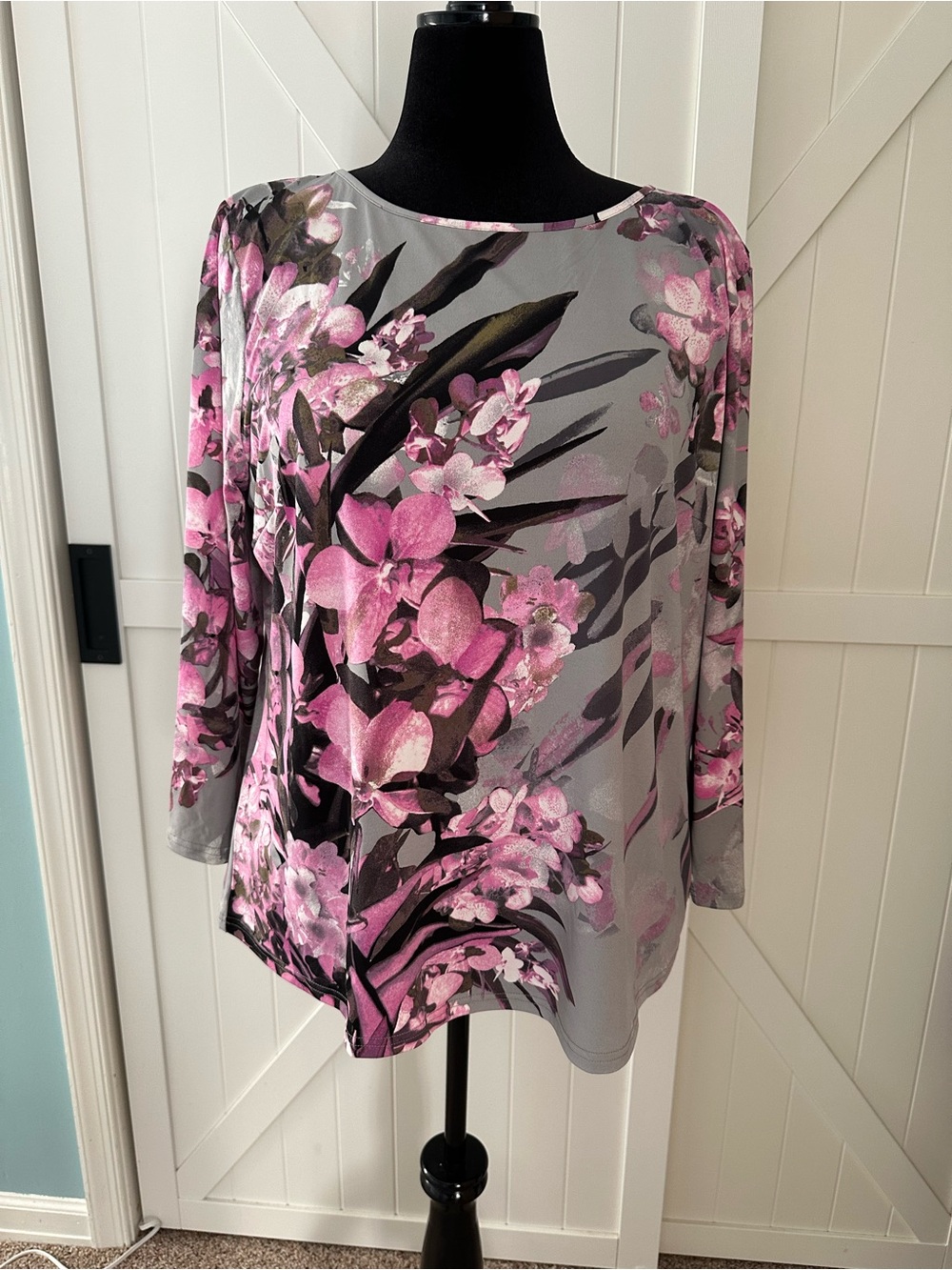 Bob Mackie Wearable Art XL Gray Pink Floral Asymmetrical Stretch Top NWT